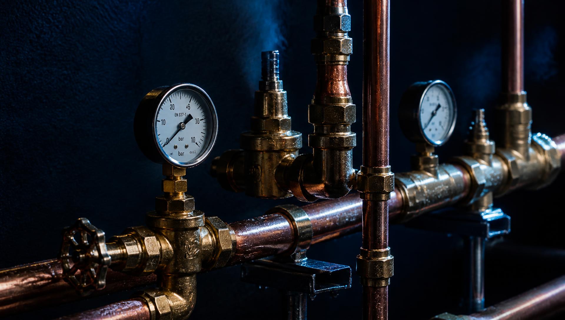 Copper plumbing pipework with brass valves and pressure gauges