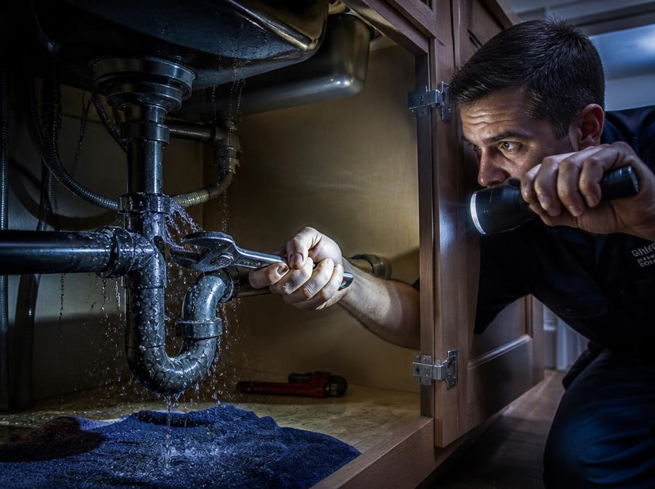 Emergency plumber repairing a leaking pipe under a kitchen sink at night