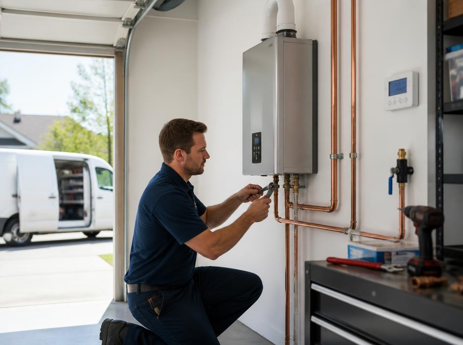 Plumber installing a tankless water heater in a residential garage